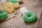 Acidulous candies on wooden background