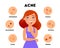 Acne types infographic elements vector flat illustration. Girl with acne on face and different skin problems icon set