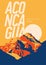 Aconcagua in Andes, Argentina outdoor adventure poster. High mountain at sunset illustration.