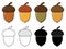 Acorn autumn drawing eps10 set. Oak nut cartoon illustration isolated on white.  Autumnal clip art with  oak tree fruits with cap