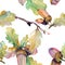 Acorn green leaves and nuts. Watercolor background illustration set. Seamless background pattern.