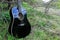 Acoustic black Guitar in the woods