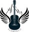 Acoustic, classic guitar emblem with wings, fire and caption FLA