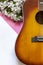 Acoustic guitar and blossoming apple tree branches on pink bright bold and white color background. Top view, close up, copy space