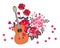 Acoustic guitar and bouquet of red and pink flowers isolated on white background. Cute cartoon illustration. Music symbol
