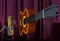 Acoustic guitar and microphone on a curtain background 3d illus