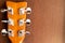 Acoustic guitar neck on a wooden background. Pin mechanism