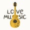 Acoustic guitar surrounded by notes, the inscription Love Music, Country Music. Country Cowboy Music Festival Creative Event Live