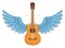 Acoustic guitar with wings vector emblem for festival or concert or player isolated on white, live music theme, logo for musical
