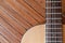 Acoustic guitar on a wooden background with copy space.The guitar is a fretted musical instrument that usually has six strings