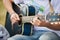 Acoustic guitarist. Young man playing blue acoustic guitar.