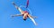 Acrobat athletic, young graceful gymnast performing aerial exercise in the air ring outdoors on sky background. flexible woman in
