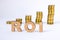 Acronym ROI of three-dimensional letters is in foreground with growth columns of coins on blurred background. ROI concept for fina