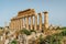 Acropolis of Selinunte,Sicily,Italy.Man traveler enjoying view of ruins of residential and commercial buildings in ancient Greek