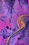 Acrylic Fluid Art. Purple paint bubbles on magenta waves. Liquid Gold Wave on canvas. Digital decor. Abstract stone