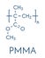 Acrylic glass or polymethyl methacrylate, chemical structure. PMMA is the component of acrylic paint latex and acrylic glass..