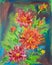 Acrylic or oil painting. Blooming red dahlias