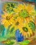 Acrylic or oil painting. Bouquet of sunflowers in a vase