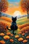 Acrylic painting of a black cat, sitting and looking to the whimsical field, at sunset time, autumn season, digital art, flower