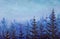 Acrylic painting dark fir trees in foggy magic forest