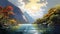 Acrylic Painting: Serene River In Majestic Water-covered Mountains