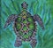 Acrylic portrait of a sea turtle close-up on a green background by artist Anastasiia Popova