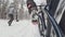 Action cam on frame installed behind. Close-up pov view. Professional extreme sportsman biker riding fat bike in outdoor