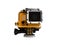 Action camera in durable plastic transparent yellow with a leg f