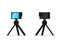 Action camera on tripod stand front and back view set. Mobile HD camcorder on rack. Video blogger equipment stationary