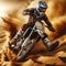 action closeup of motocross rider on sand track with dirt flying and spraying