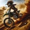 action closeup of motocross rider on sand track with dirt flying and spraying