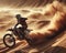 action closeup of motocross rider on sand track with dirt flying and spraying