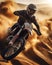 action closeup of motocross rider on sand track with dirt flying and spraying