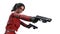 Action girl shooting guns, woman in red leather suit with hand weapons isolated on white background, close up view, 3D render