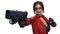 Action girl shooting guns, woman in red leather suit with hand weapons isolated on white background, front view, 3D render