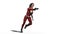 Action girl shooting guns, woman in red leather suit with hand weapons running on white background, 3D render