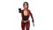 Action girl shooting guns, woman in red leather suit with hand weapons running on white background, front view, 3D render