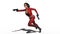 Action girl shooting guns, woman in red leather suit running with hand weapons on white background, 3D render