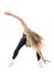 Action motion of bent woman aerobics instructor dancing jazz dance with flowing tousled hair.