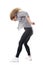 Action motion of energetic female dance hall dancer swinging head with flowing hair toss.