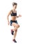 Action motion of female athlete sprinting and looking down. Half profile.