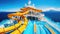 An action-packed of passengers enjoying a thrilling water slide on the top deck of a cruise ship