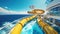 An action-packed of passengers enjoying a thrilling water slide on the top deck of a cruise ship