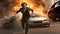 Action shot with man running away from explosion on car. Dynamic scene with fire in action movie blockbuster style