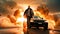 Action shot with man running away from explosion on car. Dynamic scene with fire in action movie blockbuster style