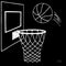 Action vector illustration of basketball going into a hoop. Backboard, hoop, ring, net, kit. Hand drawn sketch. White on