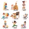 Action verbs set. Open, build, tell, catch, teach, fall, make, feel, create. Children education concept vector