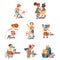 Action verbs set. Run, break, move, cut, win, show, pin, sit. Children education concept vector illustration