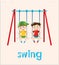 Action word card with two boys on swing