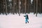 Active Adult Caucasian Woman Have Fun Are Skiing In Winter Snowy Forest. Active Healthy Lifestyle On Winter Nature